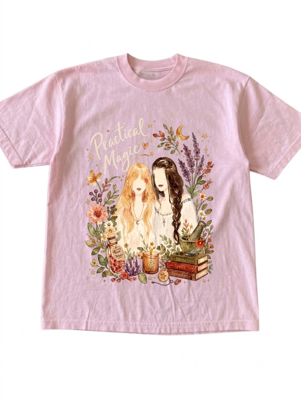 Gildan Practical Magic Graphic T-Shirt in Light Pink - Floral Witchy Design
